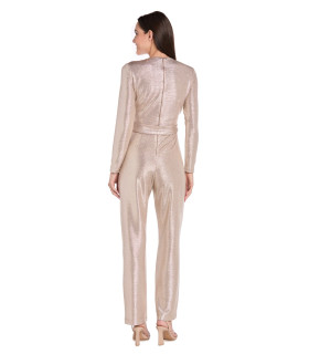Metallic Pleated Long-Sleeve Jumpsuit with Tie Waist