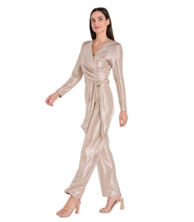 Metallic Pleated Long-Sleeve Jumpsuit with Tie Waist