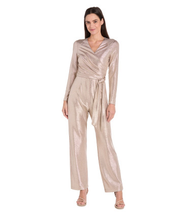 Metallic Pleated Long-Sleeve Jumpsuit with Tie Waist