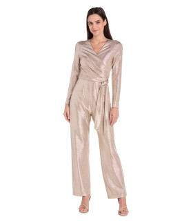 Metallic Pleated Long-Sleeve Jumpsuit with Tie Waist