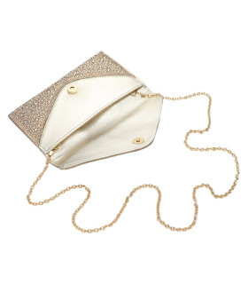 Bolso de mano tipo sobre de noche con solapa y tachuelas de piedras brillantes