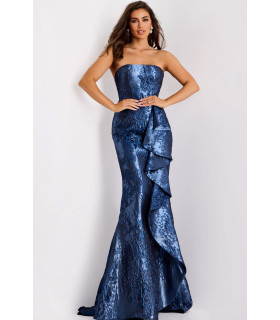 Vestido de sirena azul marino metalizado sin tirantes con drapeado lateral