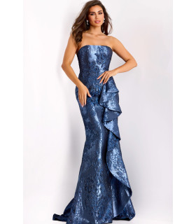 Vestido de sirena azul marino metalizado sin tirantes con drapeado lateral