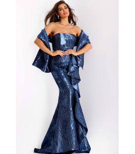 Vestido de sirena azul marino metalizado sin tirantes con drapeado lateral