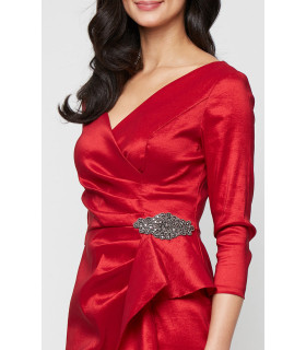 Dress with crossover neckline, decorative detail at hip.