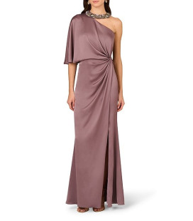 Vestido de satén asimétrico de un solo hombro con cuello de cuentas