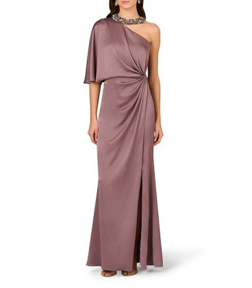 One-shoulder asymmetrical satin dress with beaded collar