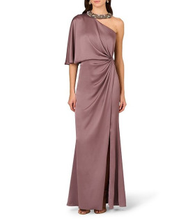 One-shoulder asymmetrical satin dress with beaded collar