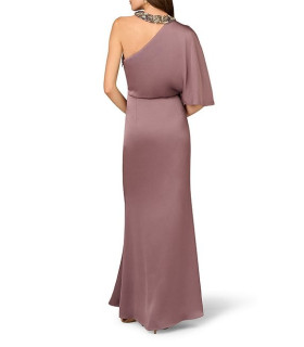 One-shoulder asymmetrical satin dress with beaded collar