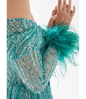 A-line dress with feather and sequin embellishments