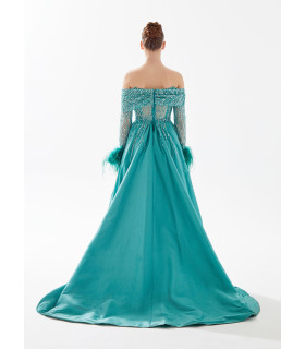 A-line dress with feather and sequin embellishments