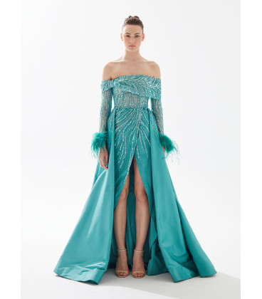 A-line dress with feather and sequin embellishments