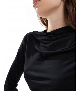 High neck, long sleeve top with gathered detail.