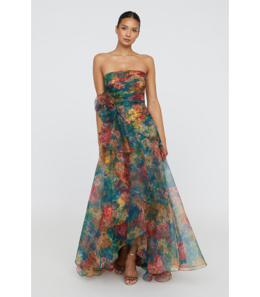 Strapless organza dress with rosette at the waist