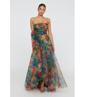 Strapless organza dress with rosette at the waist