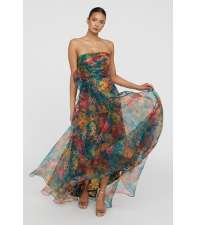 Strapless organza dress with rosette at the waist