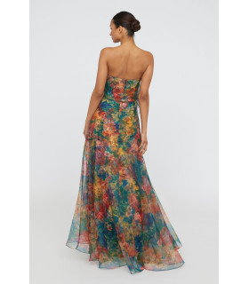 Strapless organza dress with rosette at the waist