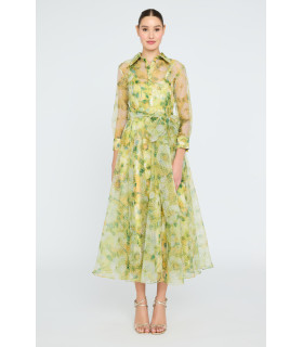 Vestido camisero de organza estampada