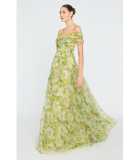 Printed organza dress with off-the-shoulder sleeves