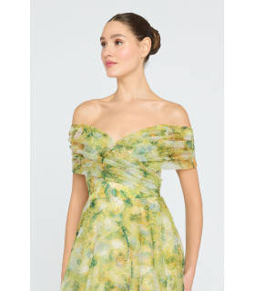 Printed organza dress with off-the-shoulder sleeves