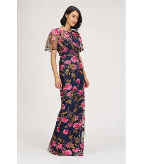 Dress with embroidered roses and short flared sleeves