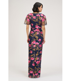 Dress with embroidered roses and short flared sleeves