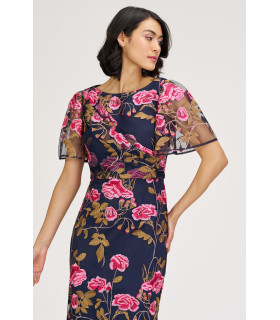 Dress with embroidered roses and short flared sleeves