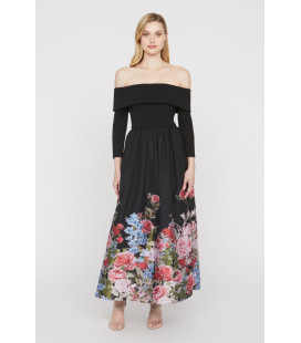 Long-sleeved dress with off-the-shoulder design and floral print at the bottom.