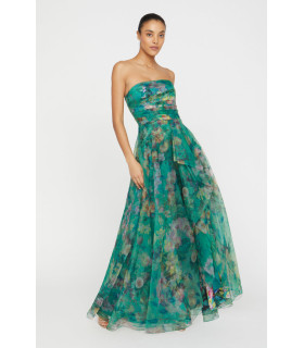 Strapless printed organza dress