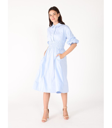 Ruched Puff Sleeve & Waist A Line Midi Dress