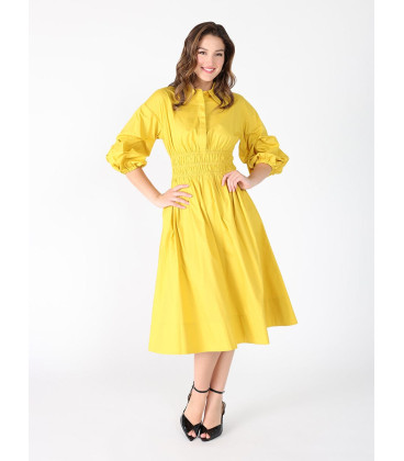 Vestido midi de corte A con mangas abullonadas y cintura fruncida