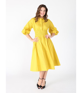 Vestido midi de corte A con mangas abullonadas y cintura fruncida