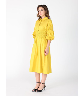 Vestido midi de corte A con mangas abullonadas y cintura fruncida