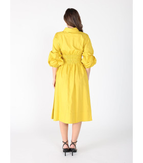 Ruched Puff Sleeve & Waist A Line Midi Dress