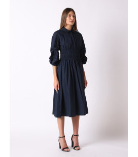 Vestido midi de corte A con mangas abullonadas y cintura fruncida