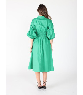 Ruched Puff Sleeve & Waist A Line Midi Dress