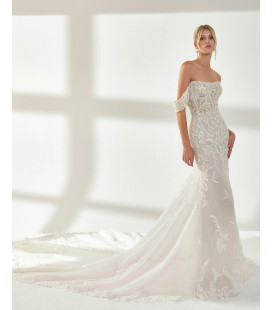 Mermaid style dress with lace and rhinestones, off-the-shoulder straps and open back