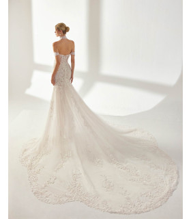 Mermaid style dress with lace and rhinestones, off-the-shoulder straps and open back