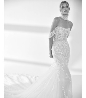 Mermaid style dress with lace and rhinestones, off-the-shoulder straps and open back
