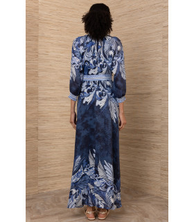 Printed dress with gathered neckline and 3/4 sleeves