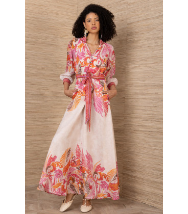 Printed dress with gathered neckline and 3/4 sleeves