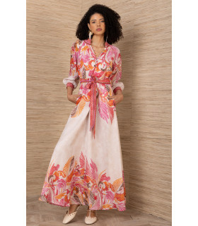 Printed dress with gathered neckline and 3/4 sleeves