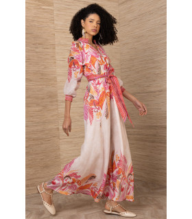 Vestido estampado con escote fruncido y mangas ¾