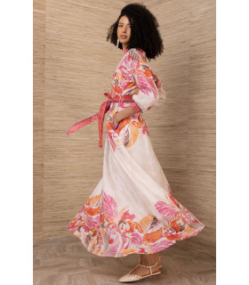 Printed dress with gathered neckline and 3/4 sleeves