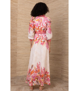 Vestido estampado con escote fruncido y mangas ¾