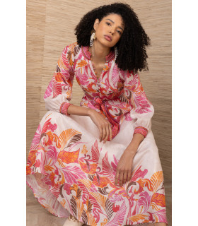 Printed dress with gathered neckline and 3/4 sleeves