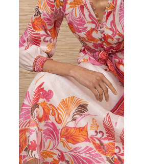 Printed dress with gathered neckline and 3/4 sleeves