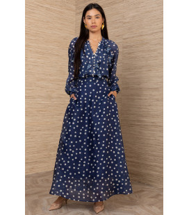 Traje de lino y organza de seda con lunares