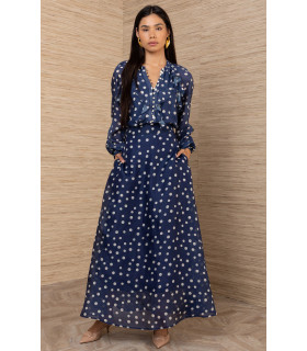 Traje de lino y organza de seda con lunares