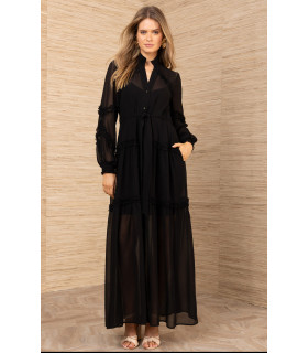 Dress with ruffle detail, long sleeves, gathered cuff.